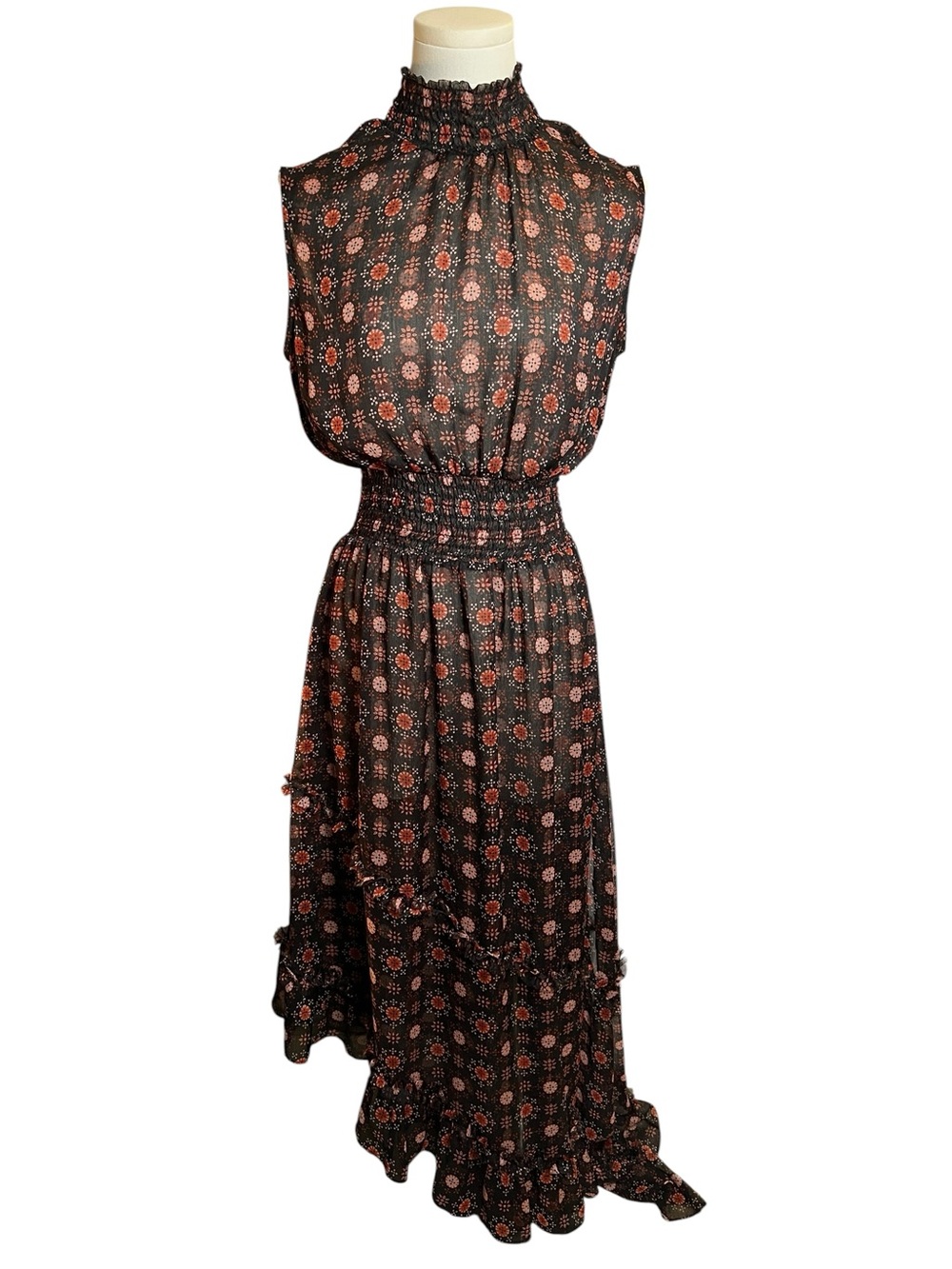 Misa Los Angeles Dress Shalom Asymmetrical in Brown Onyx Medallion Size Medium